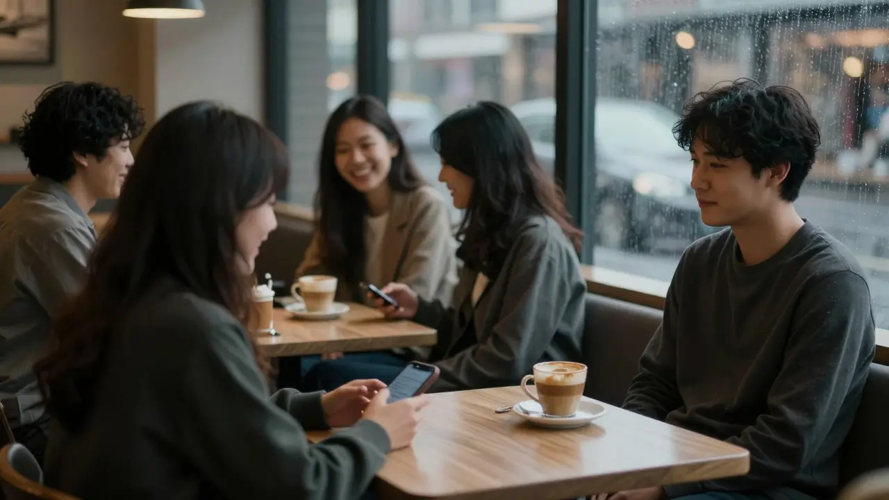 Човек сам в кафене, поглежда безжизнено към непипната чаша, докато приятели се смеят на друга маса.