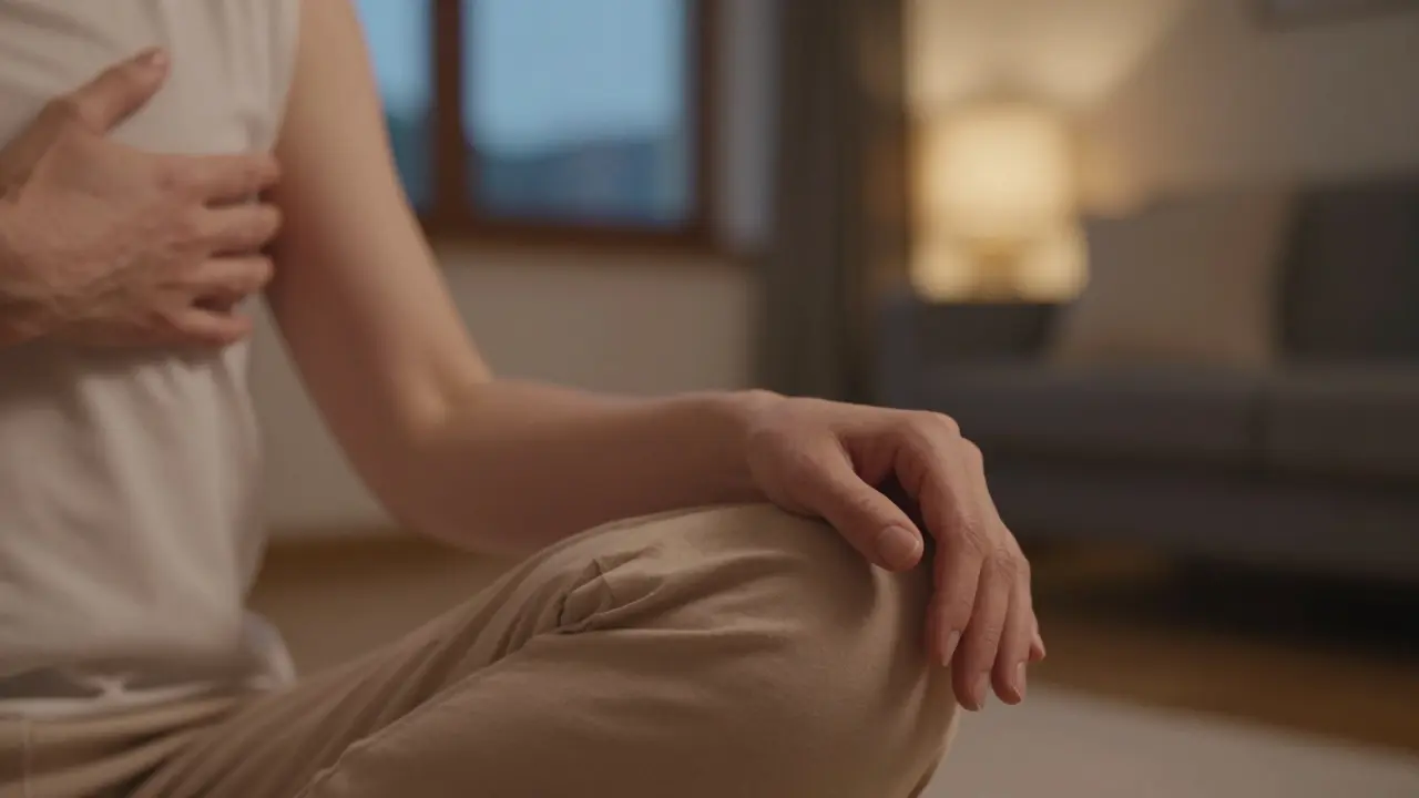 Ръце в медитативна поза, леко докосващи гърдите, в тиха стая при здрач.