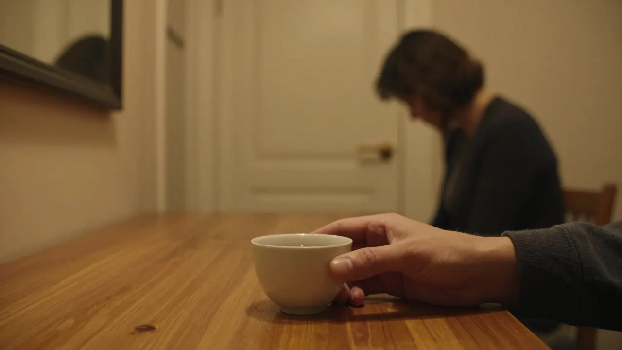 Ръка поставя чаша чай до друга, трепереща, в топла, тиха обстановка.