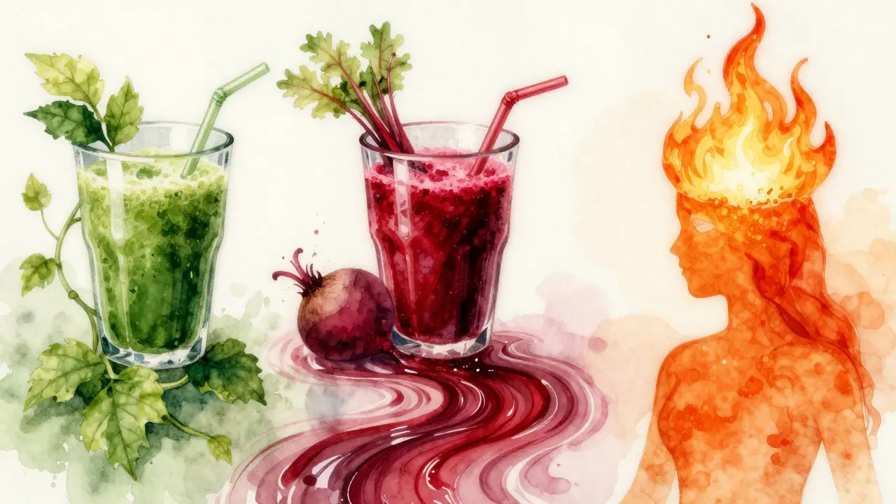 Три вида сокове като живи елементи, вливащи се в човешка фигура, в мека водна боя стил.