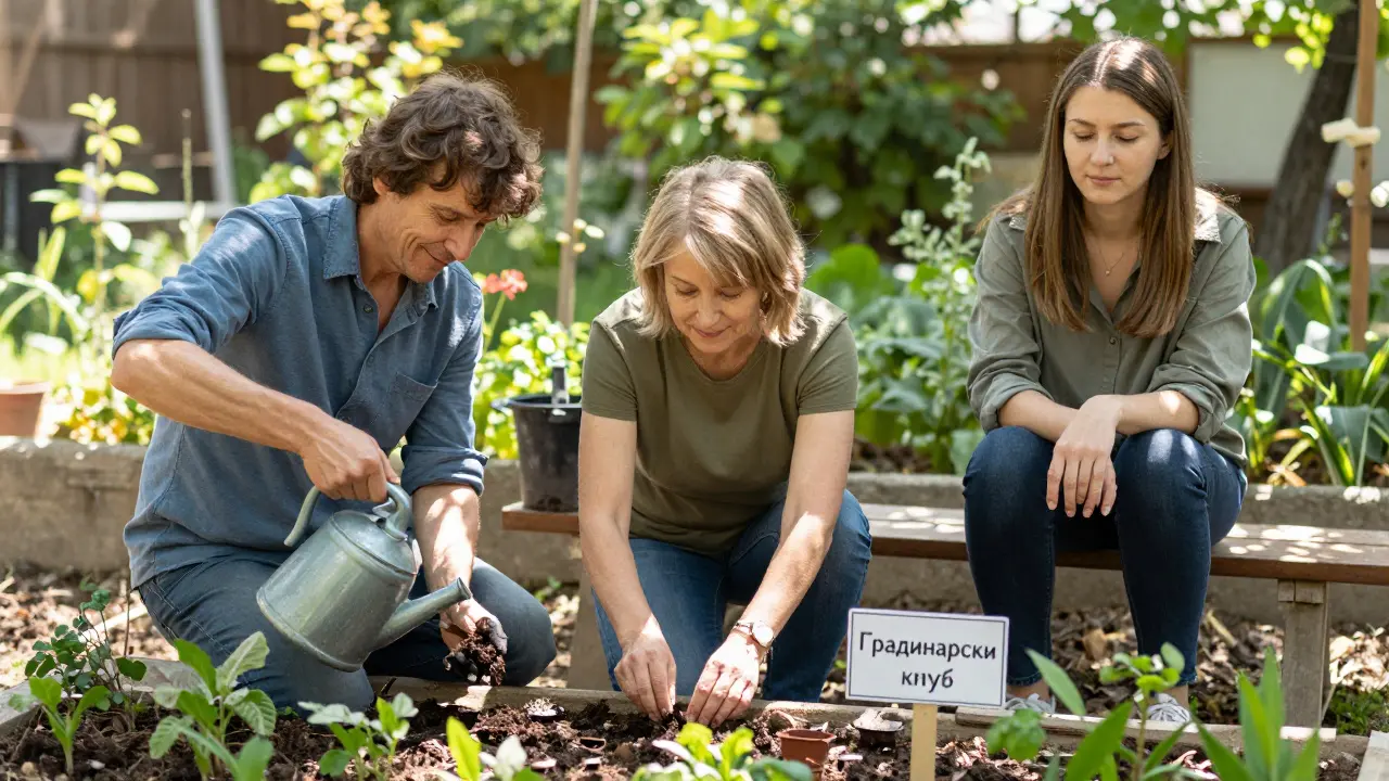 Трима души се грижат за градина в България, спокойно и заедно, в тиха, зелена среда.
