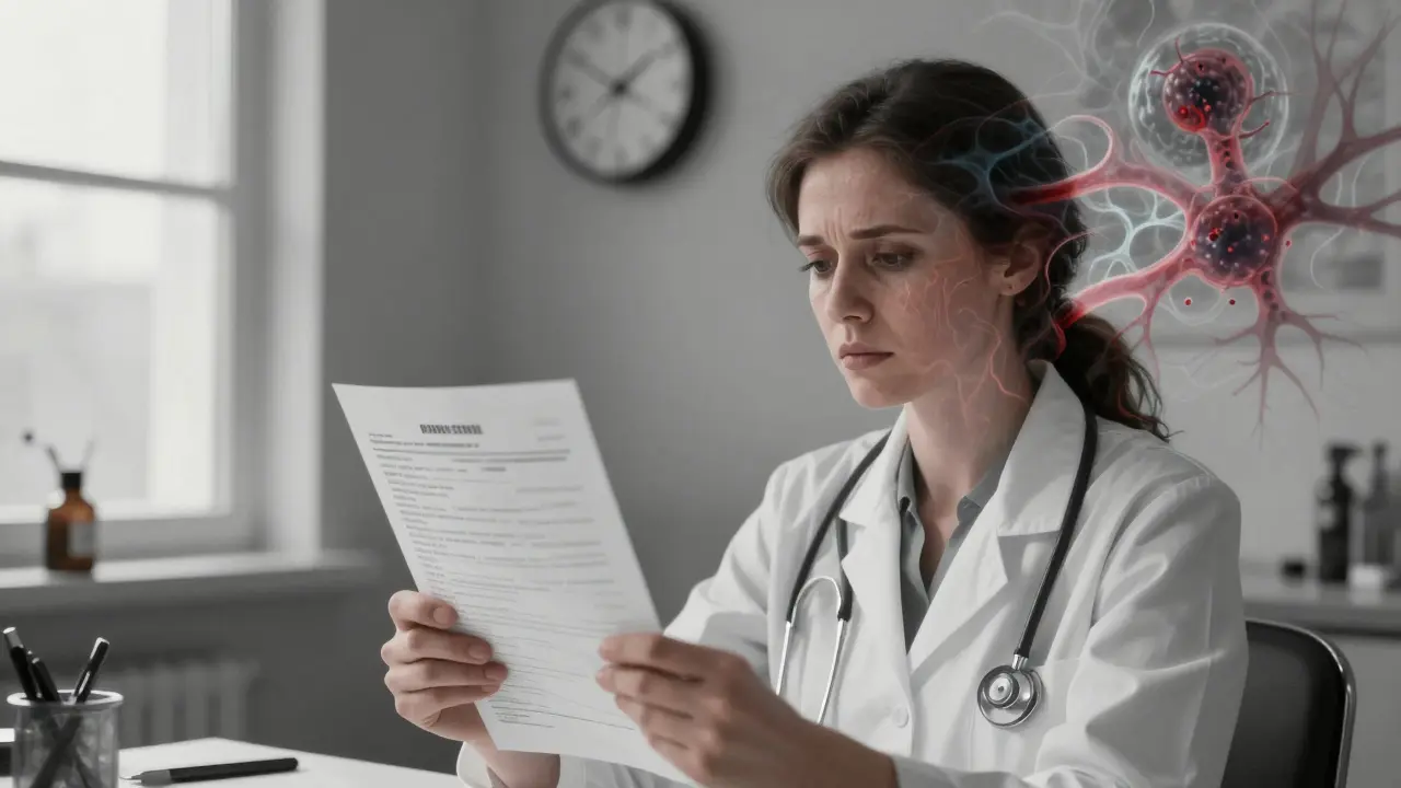 Жена в лекарски кабинет, държи нормален МРТ, но в ума си вижда тумори.