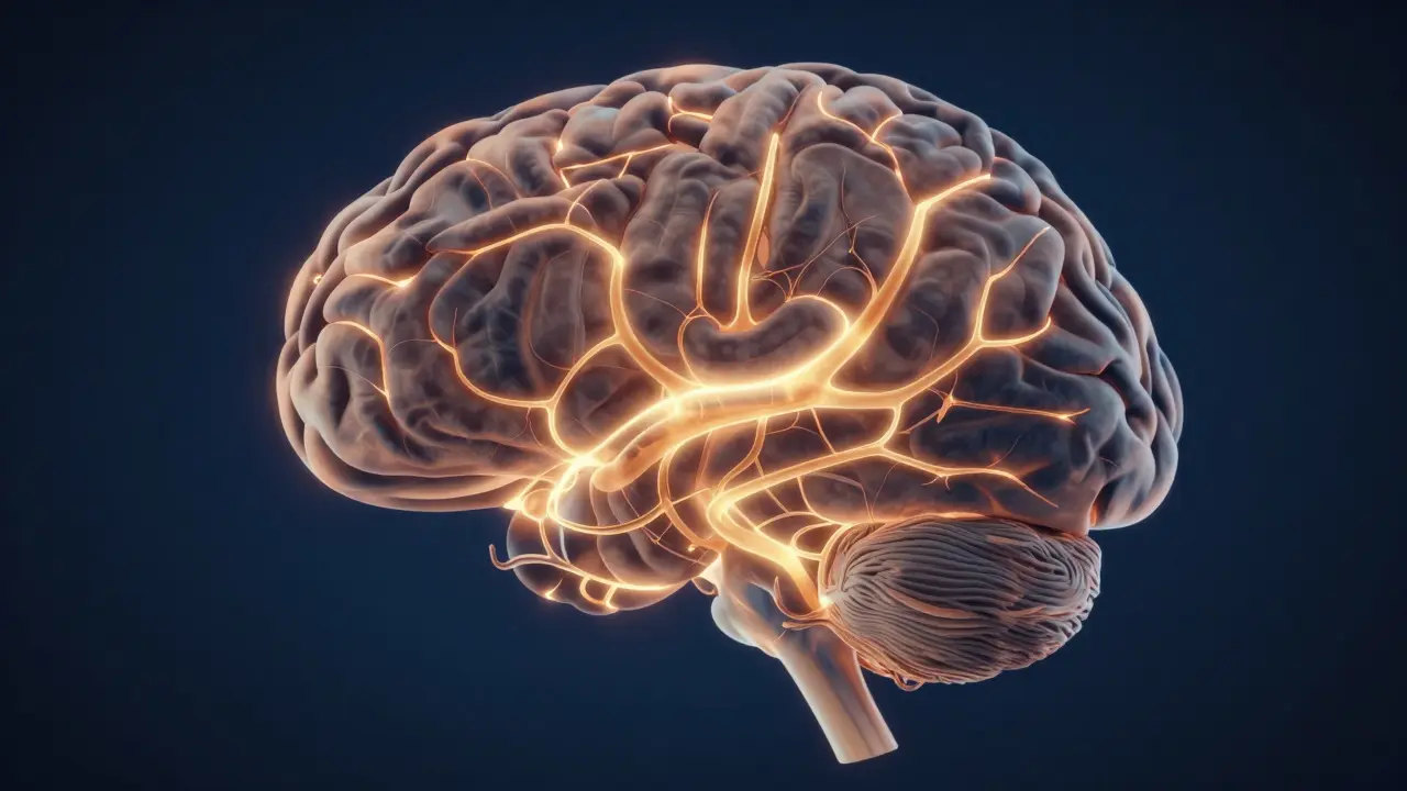 Абстрактно изображение на мозък със светещи пътища на спокойствие и благодарност.