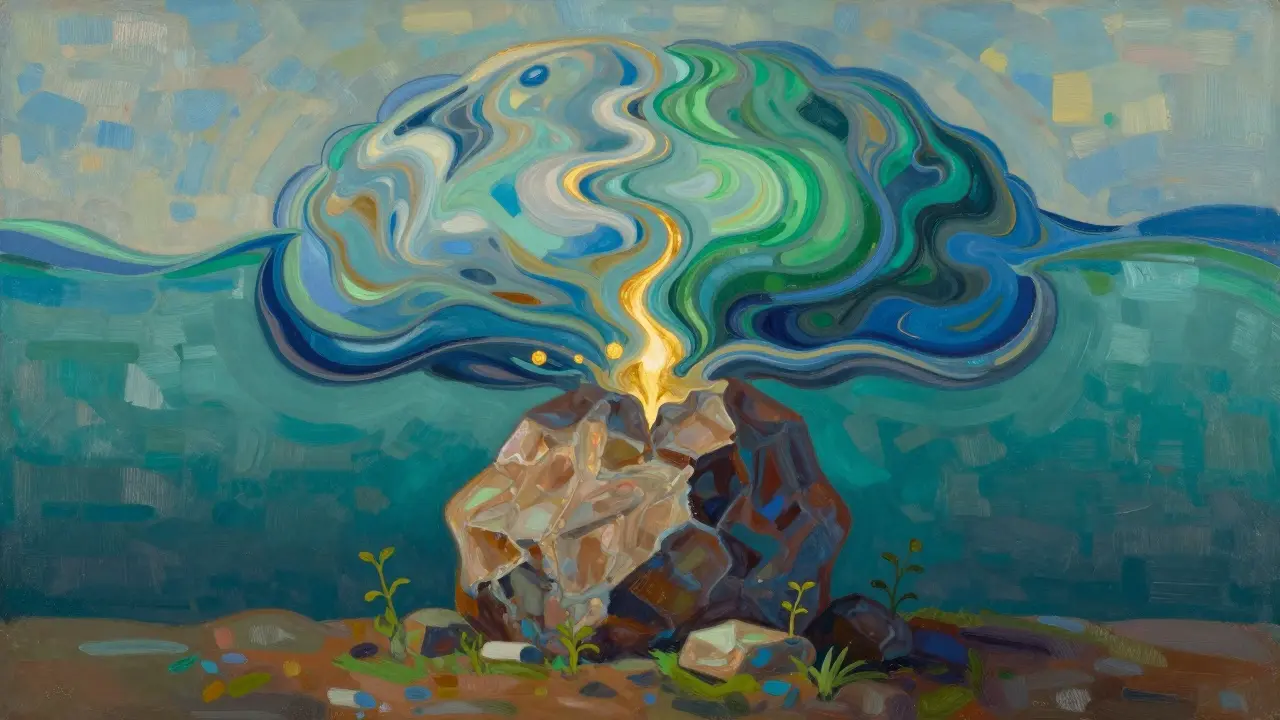 Абстрактно изображение на вода и камък, символизиращи ментална сила.
