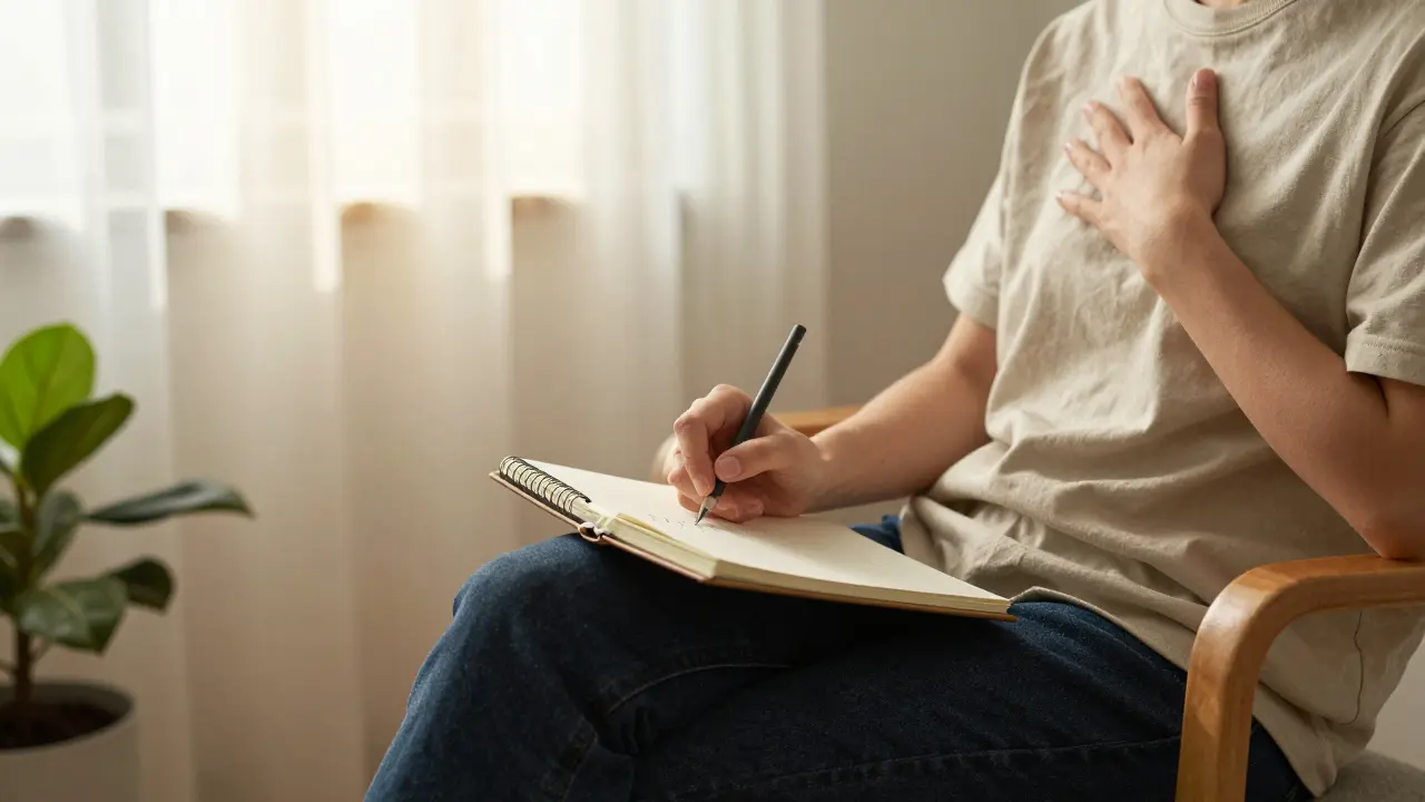 Човек седи спокойно с бележка и слънчева светлина в стаята.