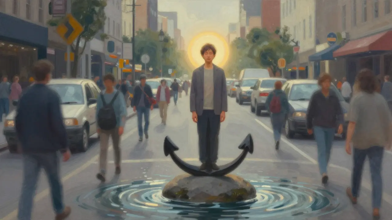 Човек в центъра на шумния град, спокоен, докато всичко около него се движи бързо.