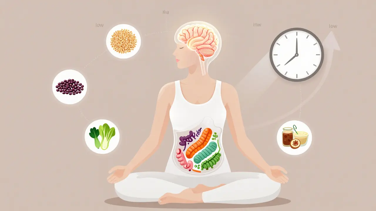 Човек в медитация, със здрав мозък и микробиом, видими през тялото, заобиколен от здравословни храни.