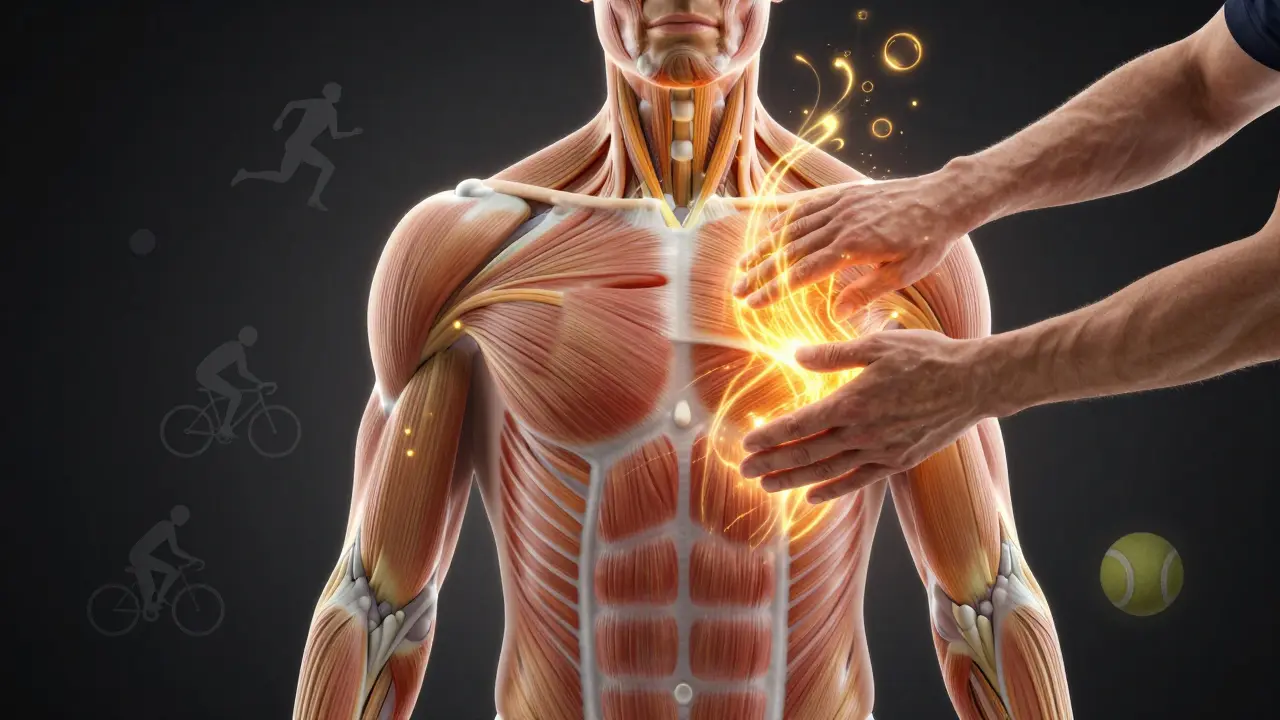 Концептуално изображение на разтваряне на мускулно напрежение чрез терапевтична енергия.