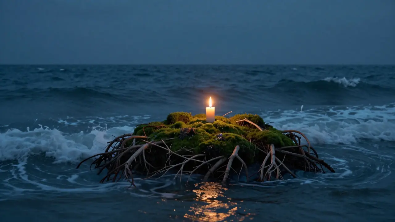 Малък остров с свещ в центъра на бурен океан, символ на вътрешно спокойствие.