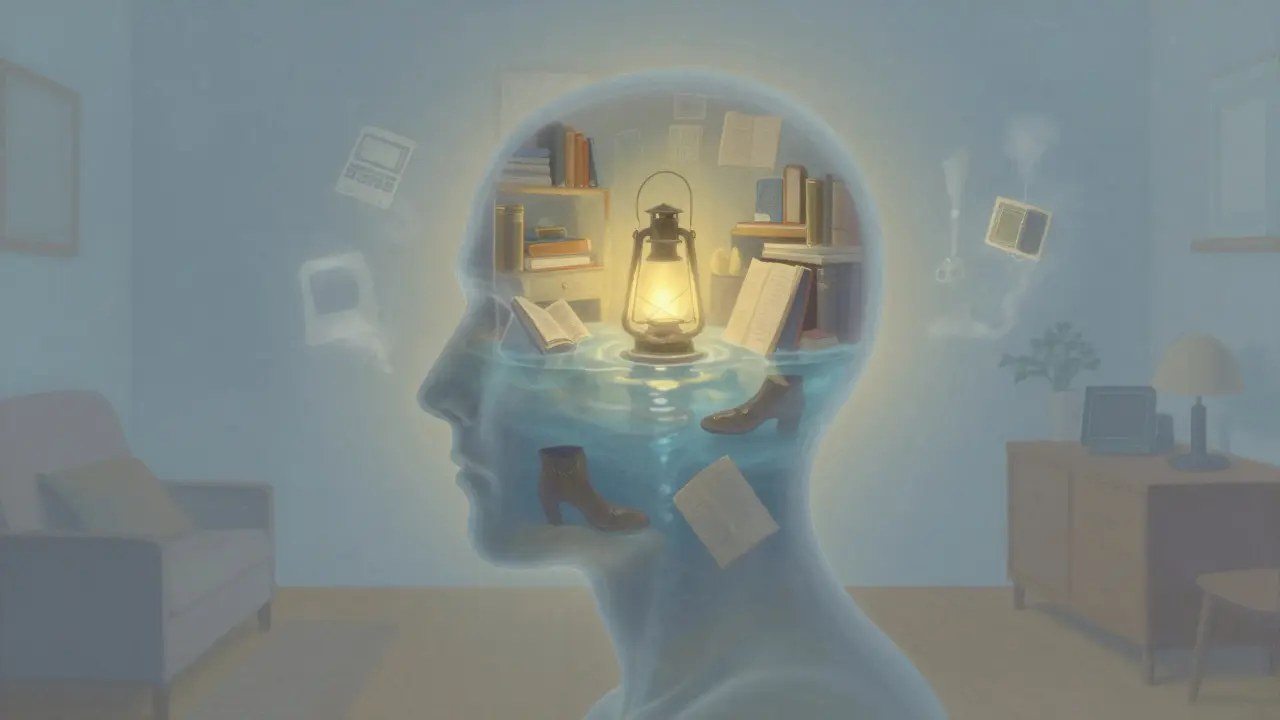 Прозрачна глава съдържа светеща фенерче върху спокойна вода — символ на яснота.