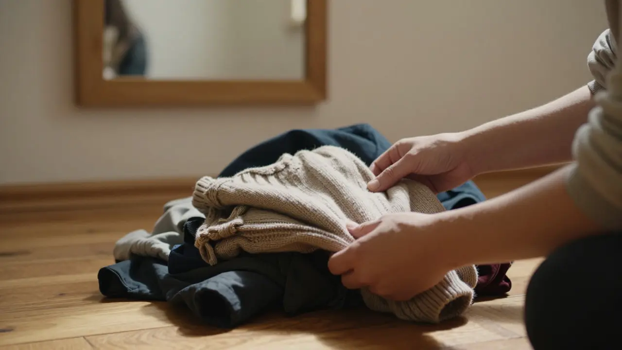 Ръка избира една дреха от купчина, обикновена и спокойна сцена на пода.