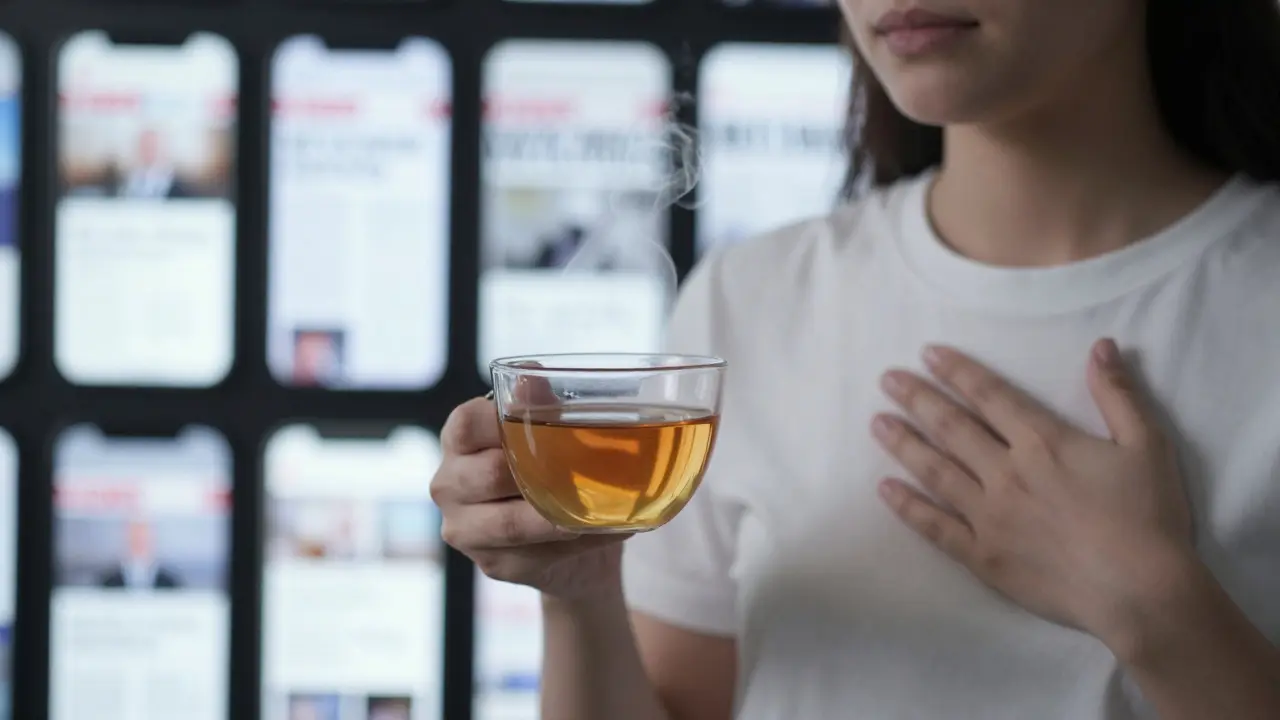 Ръка с чаша чай и ръка върху сърце, докато задния план показва светещи екранни съобщения.