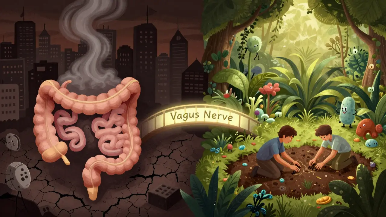 Символична сцена с две области: замъглен, замърсен град и зелена, жива градина, свързани със светещ мост.