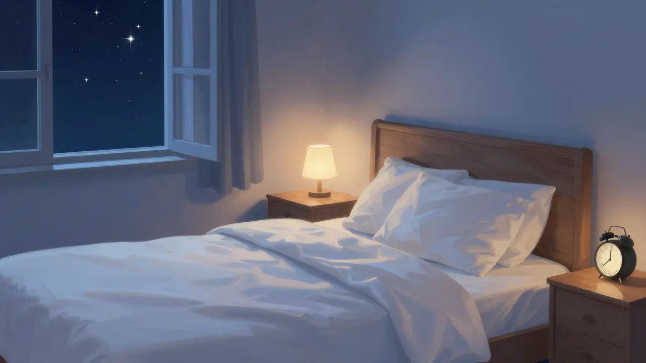 Спокойна спалня през нощта с мека лампа и изглед към звездите.