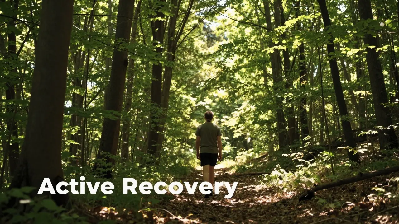 Човек, разхождащ се в слънчева гора за активно възстановяване и намаляване на стреса.