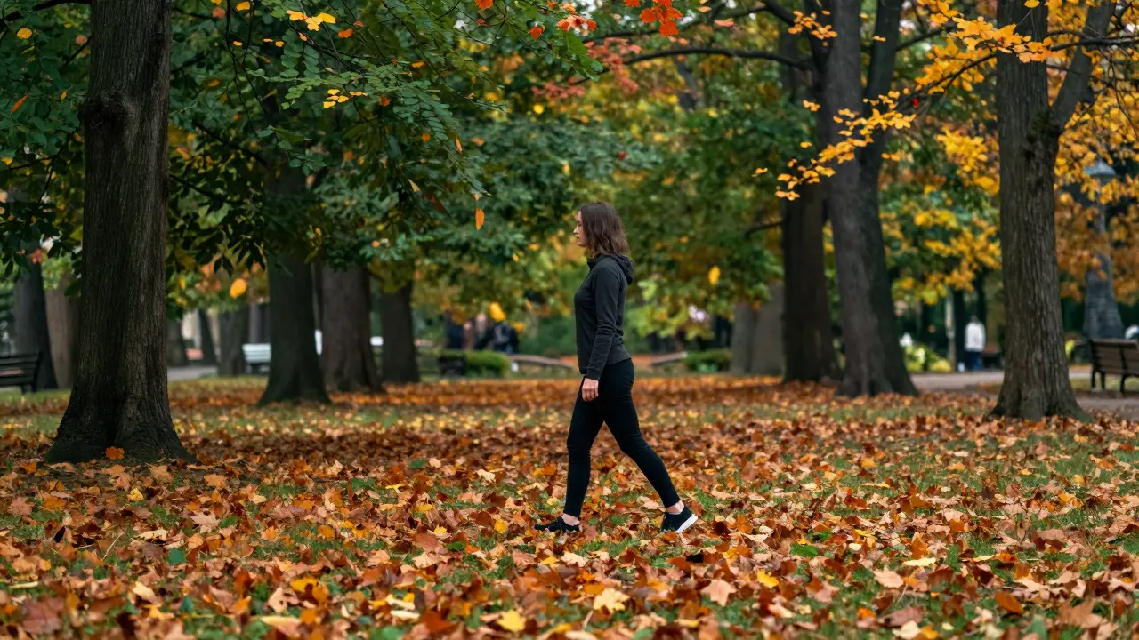 Човек, вървящ осъзнато в есенен парк, за постигане на психическо спокойствие