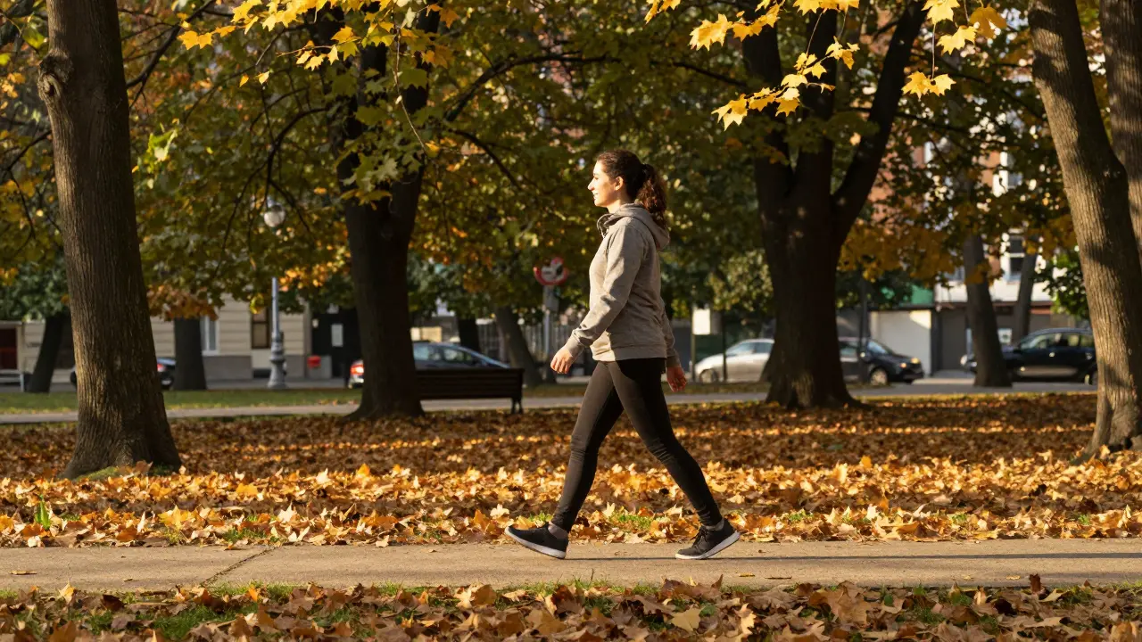 Човек, вървещ в есенен парк, символизиращ устойчивостта и здравословните навици