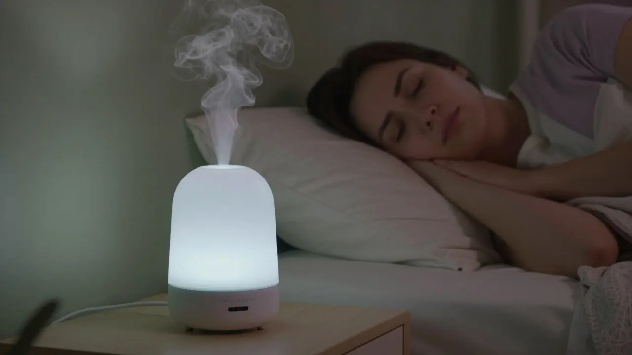 Дифузер за етерични масла, изпускащ мъгла в уютна стая за релаксация и облекчаване на болката.