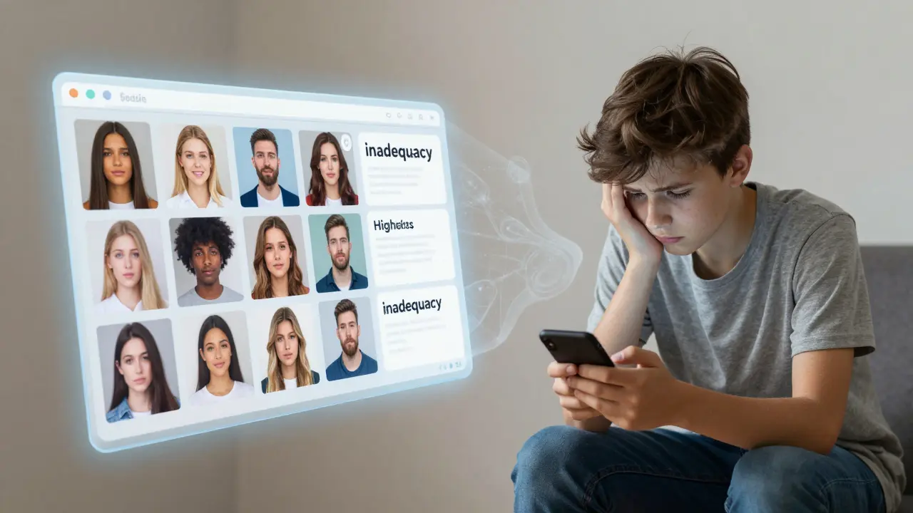 Илюстрация на тийнейджър, който сравнява реалния си живот с идеалните снимки в социалните мрежи.