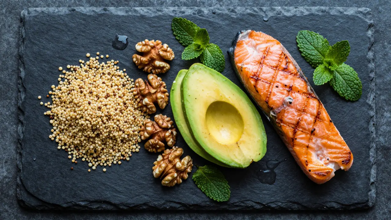 Колаж от суперхрани: киноа, орехи, авокадо и сьомга за дълготрайна енергия.