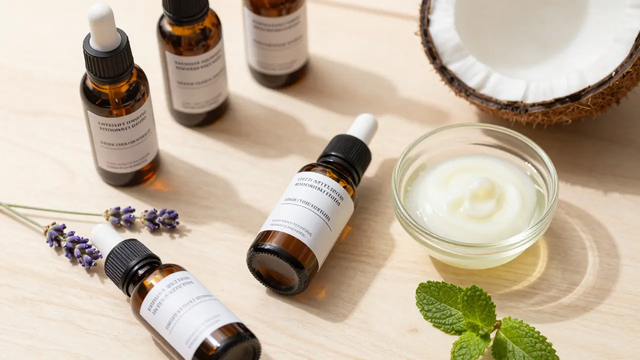 Комплект от етерични масла в тъмни стъклени бутилки, кокосово масло и пресни билки върху дърво.