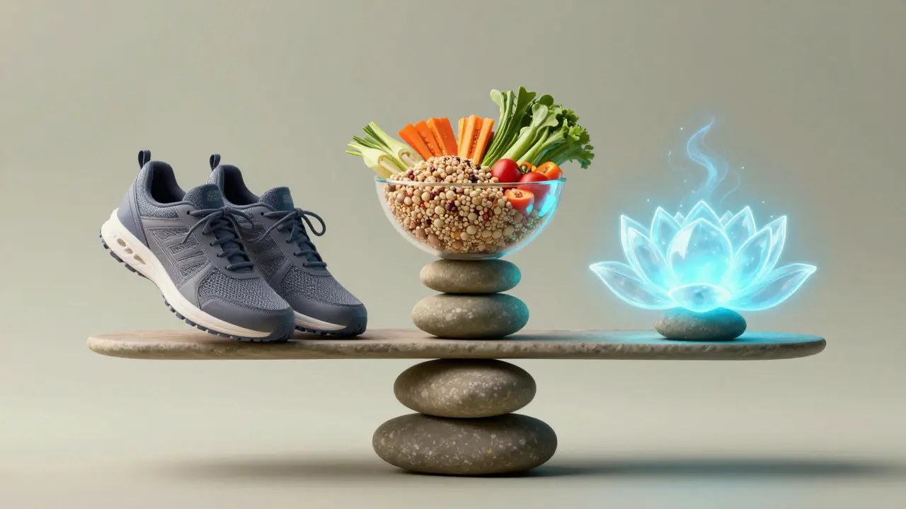 Концептуално изображение на баланс между физическо, психическо здраве и хранене