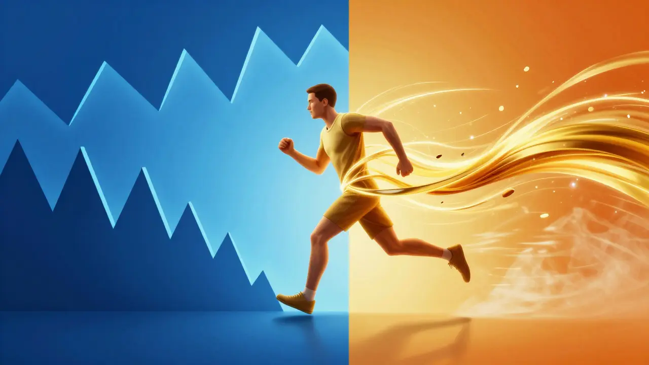 Концептуално изображение на трансформацията на стреса в ендорфини чрез бягане