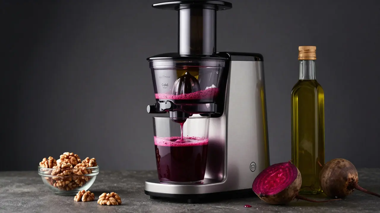 Модерна сокостувалка за студено изцеждане, подготвяща сок от цвекло и ябълка