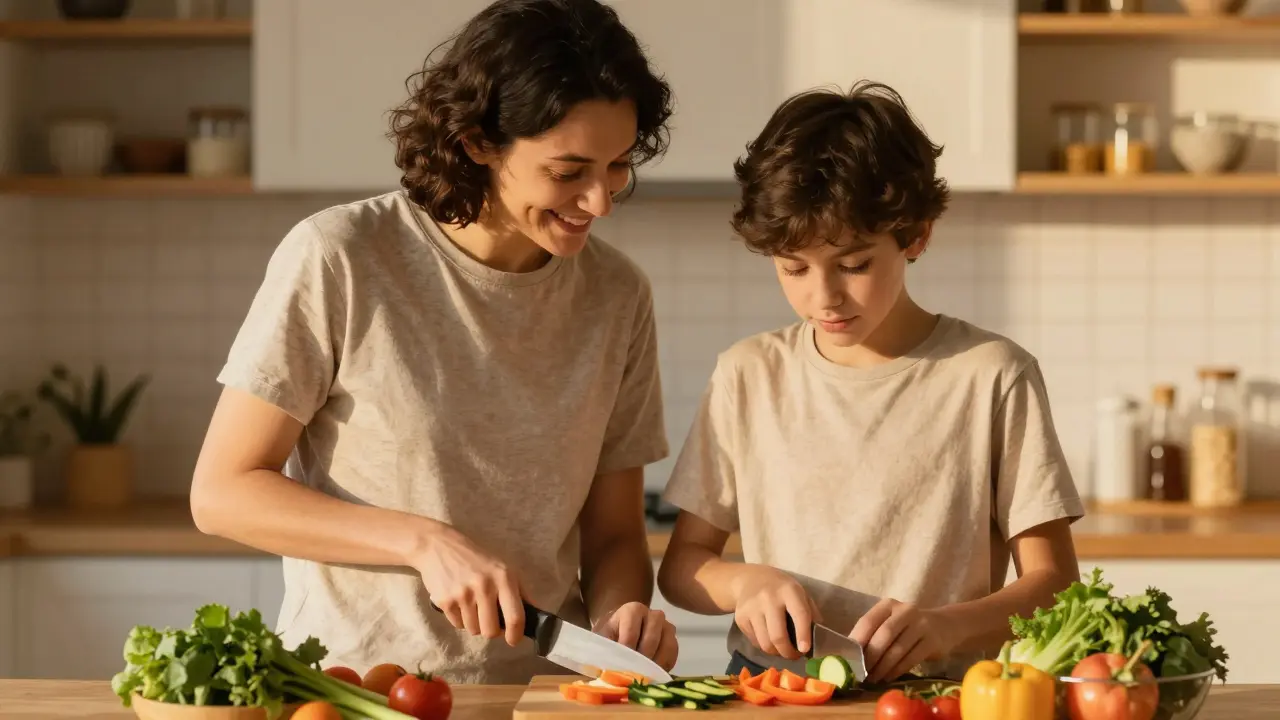 Родител и тийнейджър готвят заедно в топла и уютна кухня, споделяйки спокойен момент.