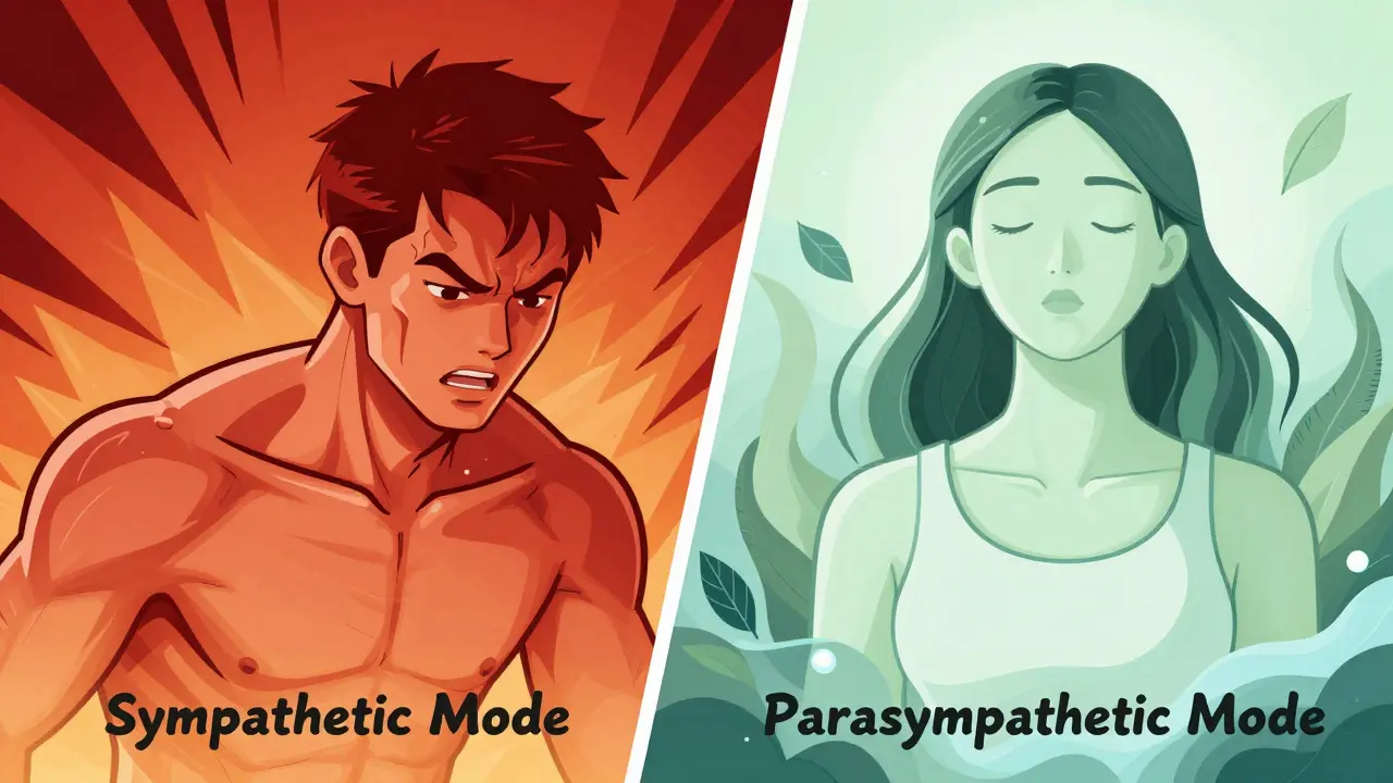 Сравнение между напрегнато състояние в червено и релаксирано състояние в успокояващо зелено.