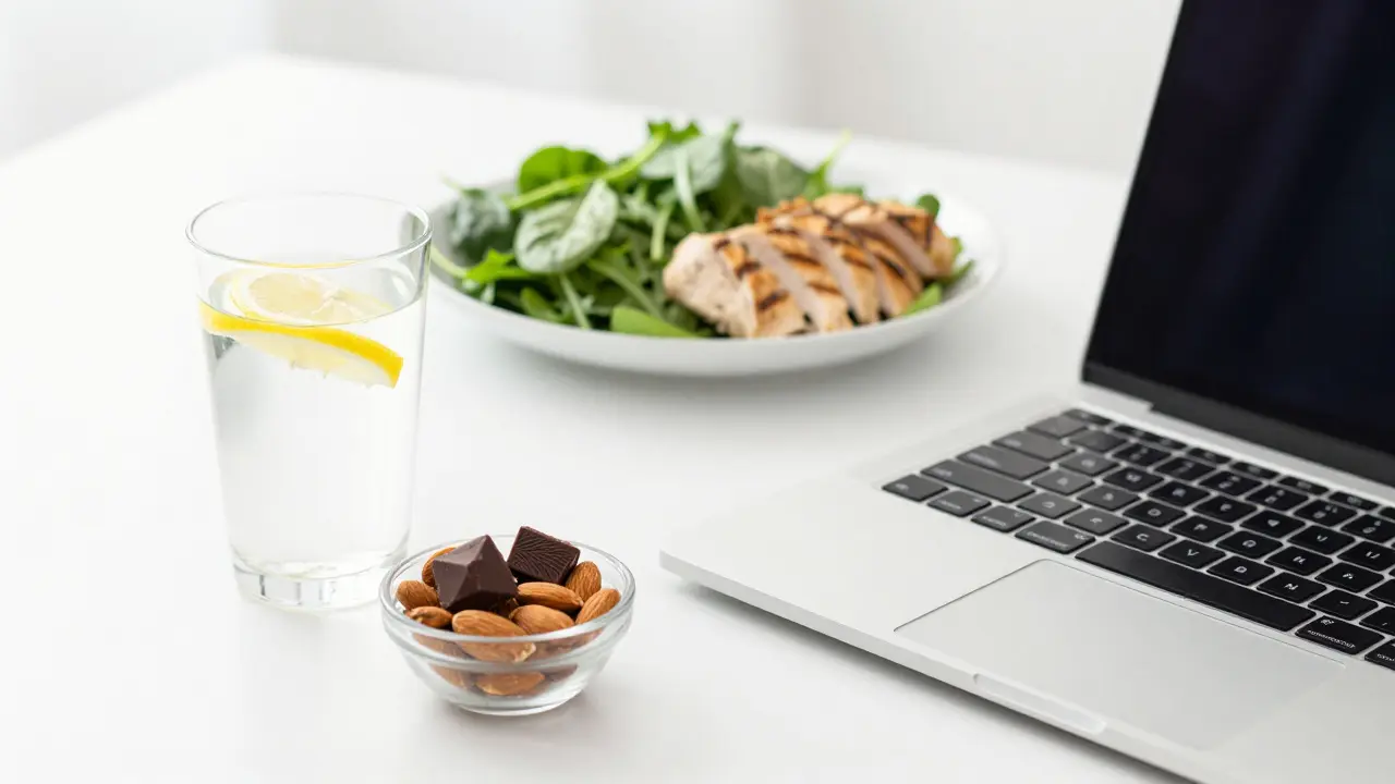 Здравословни закуски и вода с лимон на работно място за поддържане на фокуса.