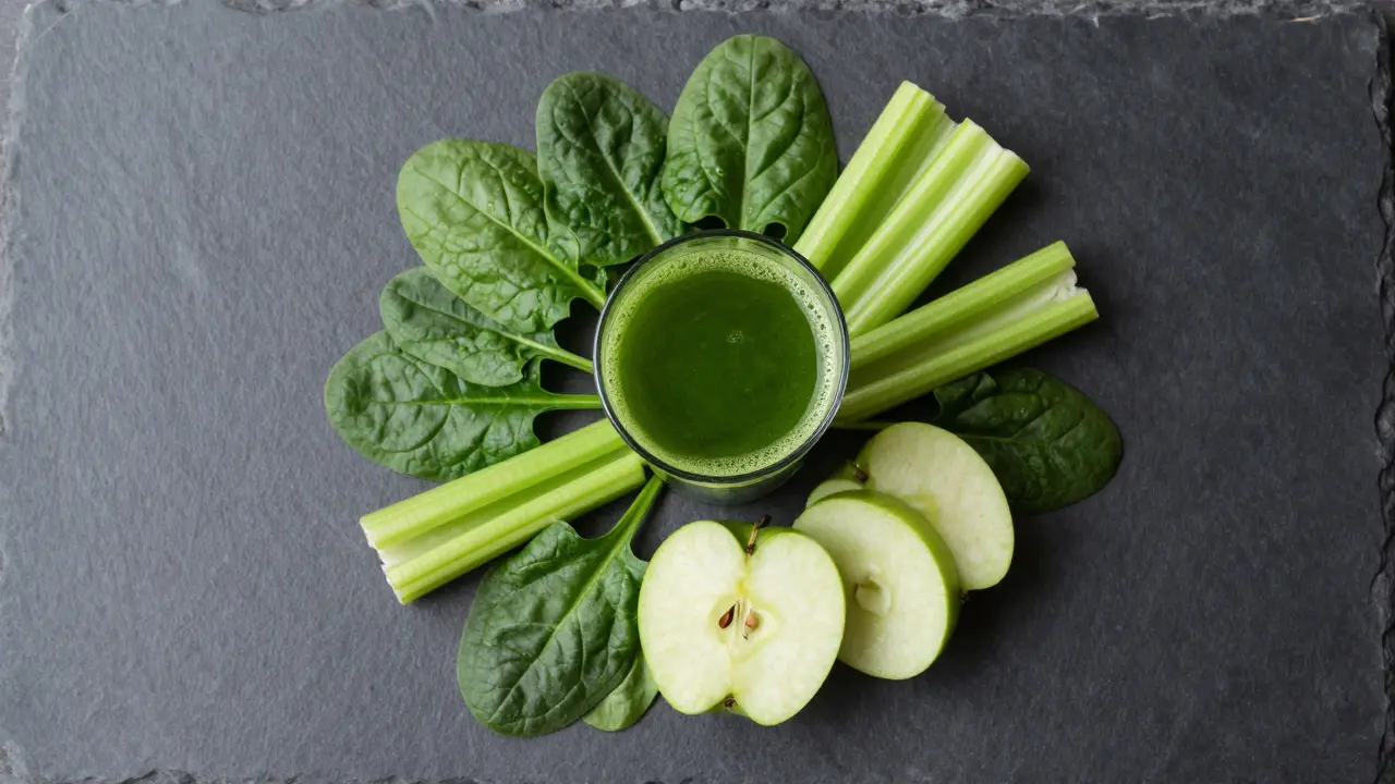 Зелен детокс сок обграден от спанак, целина и зелена ябълка върху тъмен фон
