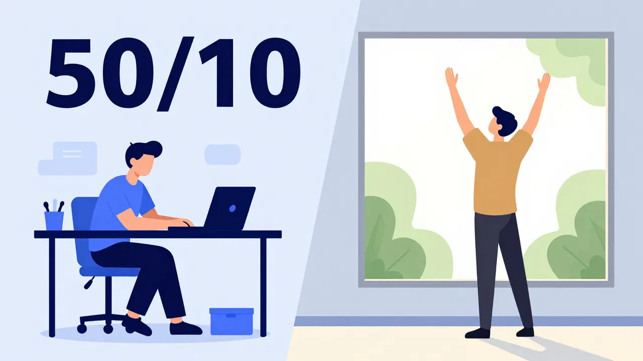 Илюстрация на правилото 50/10: работа и почивка без екрани