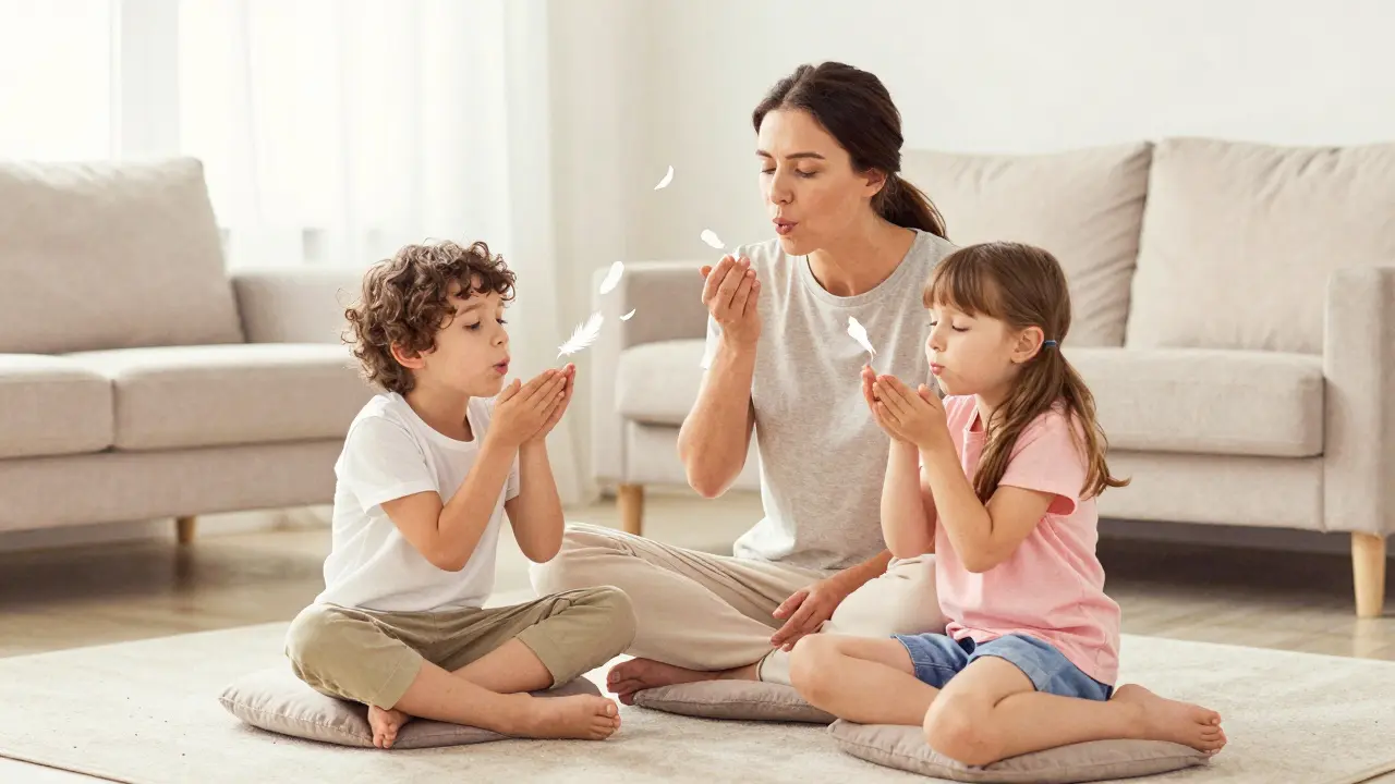 Родители и деца практикуват заедно дихателни упражнения у дома